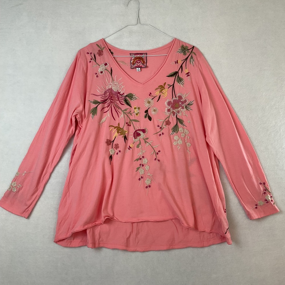 Johnny Was Pink Floral Embroidered Cotton V-Neck Long Sleeve Top 1X J15422-EX